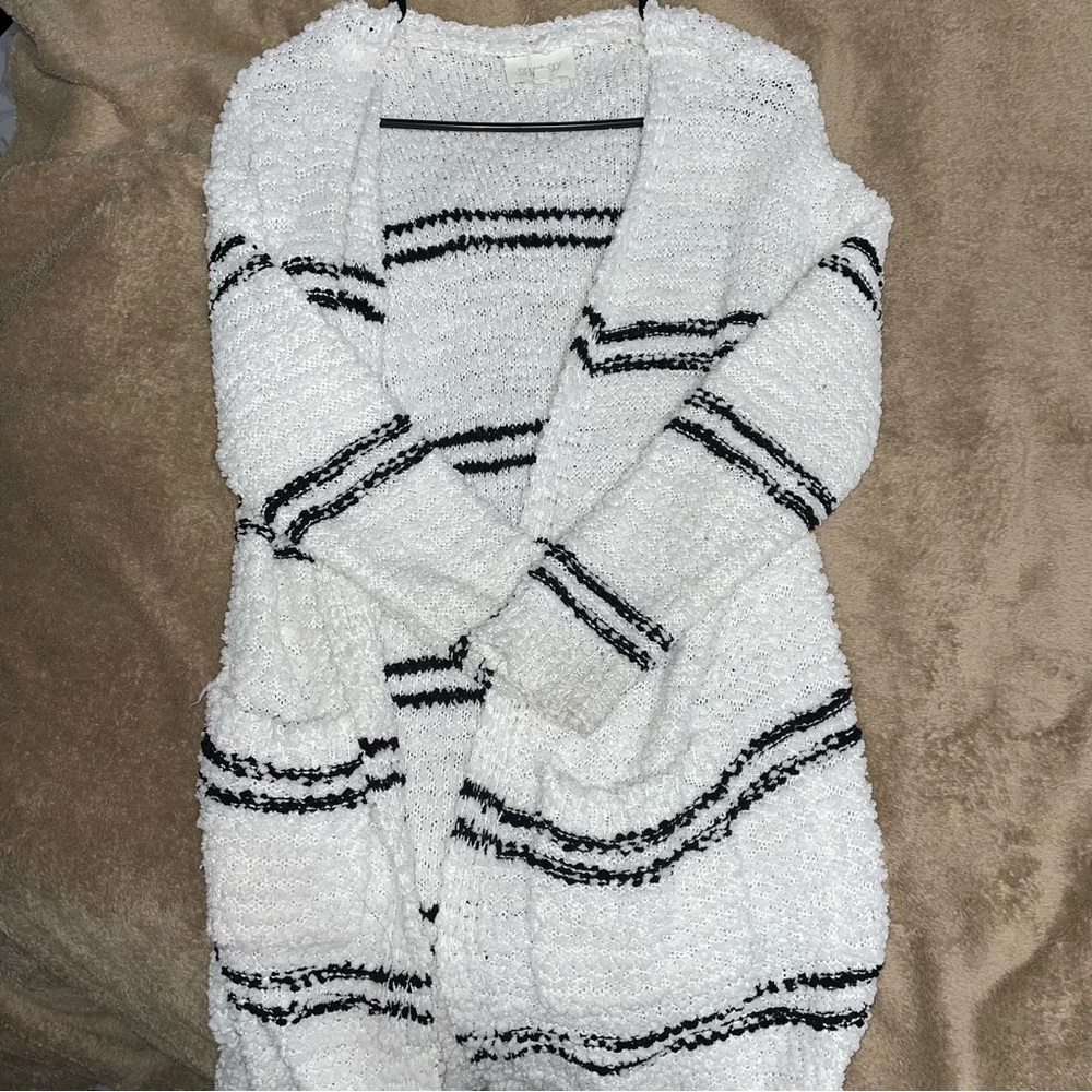 Black and white striped cardigan sweater